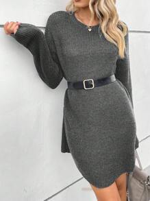 RueChic Drop Shoulder Ribbed Knit Sweater Dress Without Belt - Grey - View 6