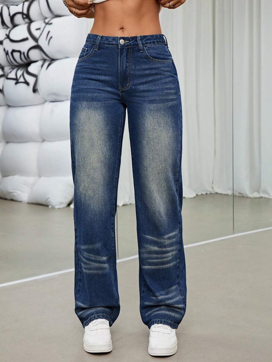 SHEIN ICON Drop Waist Straight Leg Jeans - Dark Wash - View 1
