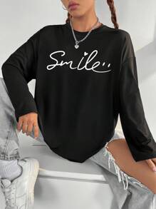 SHEIN EZwear Đồ họa Chữ cái Áo thun Thả vai - màu đen - Xem 1