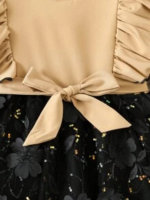 SHEIN Young Girl Ruffle Trim 3D Floral Applique Mesh Overlay Dress - Multicolor - View 4