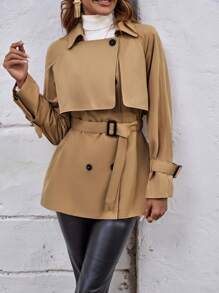 SHEIN Essnce Gabardina de doble botonadura con cinturón - Caqui - Ver 5
