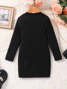 SHEIN Chica Joven Vestido con diseño de botón tejido de canalé - Negro - Ver 2