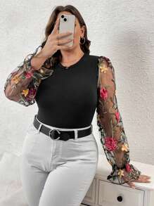 SHEIN Clasi 加大码网眼撞色花卉刺绣紧身衣，适合冬季 - 黑色 - 查看 5