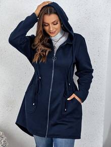 SHEIN LUNE Große Größe Mantel mit Kapuze, Zwei Taschen, Tunnelzug, Reißverschluss,
