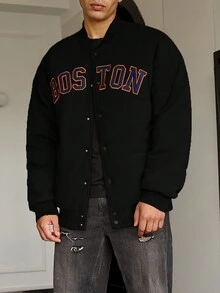 Manfinity Men's Baggy Baseball Collar Padded Coat With Drop Shoulder And Letter Graphic Design - Black - View 3