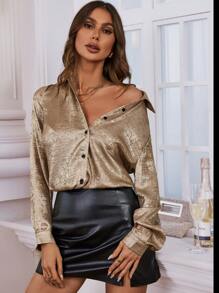 Zolique Floral Jacquard Button Front Satin Shirt,Long Sleeve Tops Fall Cloth For Women - Khaki - View 6