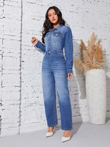 SHEIN Privé Flap Pocket Button Front Denim Jumpsuit