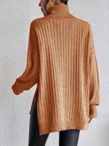 SHEIN Essnce 高領落肩袖下擺開叉套頭毛衣 - 紫紅色 - 查看 3