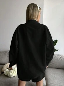 Cottnline Solid Button Front Shirt - Black - View 2