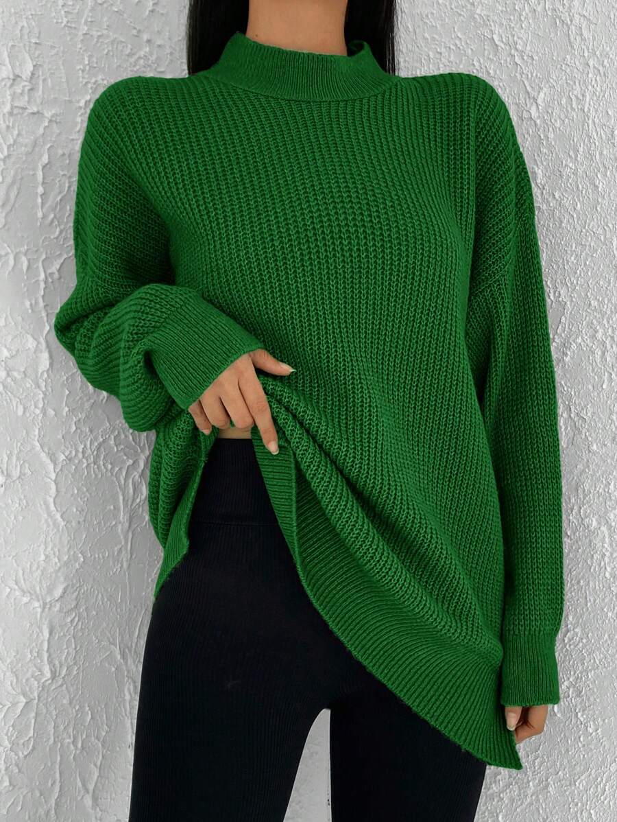 Cloudara Jersey de cuello alto de hombros caídos - Verde - Ver 1