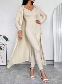 SHEIN Privé 素色吊帶彈力緊身連體褲&開門襟外套 - 杏色 - 查看 3