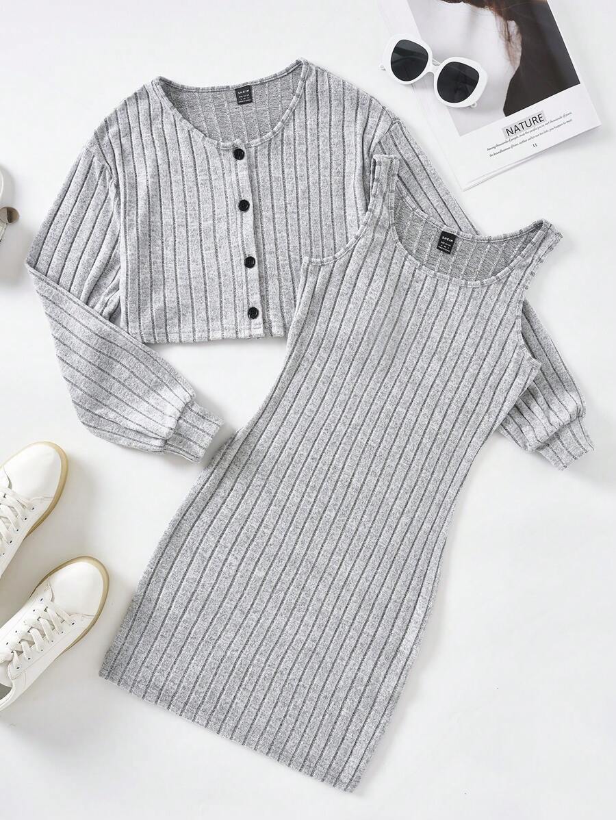 SHEIN EZwear Áo khoác cài nút trước vai thả gân mùa xuân & váy bó sát - Xám - Xem 1