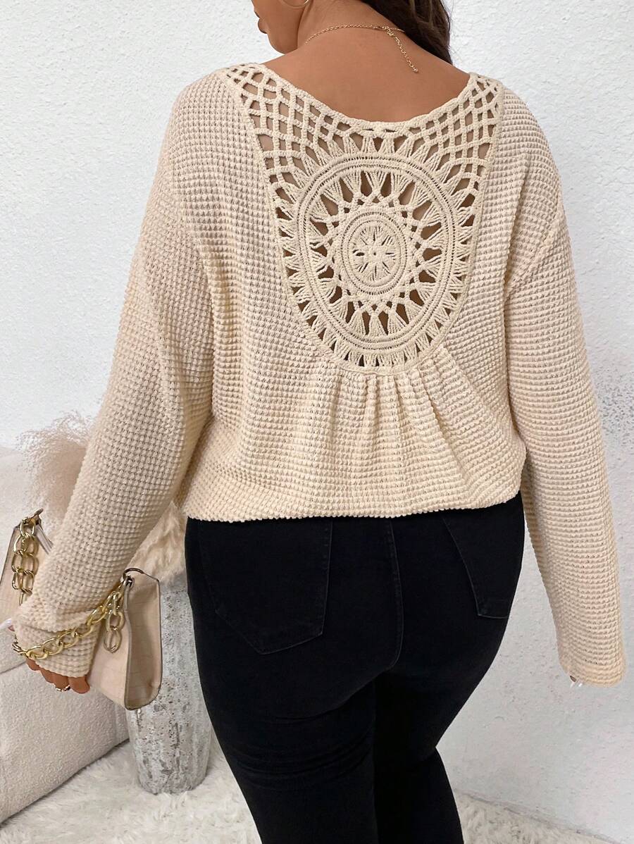 SHEIN Frenchy Plus Guipure Lace Insert Drop Shoulder Tee - Apricot - View 1