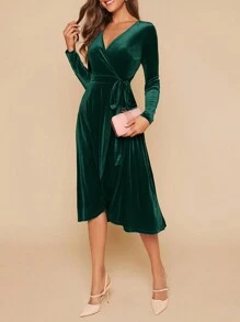 SHEIN Clasi Surplice Neck Knot Side Wrap Dress - Dark Green - View 3