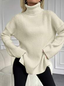 EURMUSE High Neck Drop Shoulder Split Hem Sweater - Beige - View 4