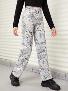 Teen Girl Floral & Slogan Graphic Straight Leg Pants
