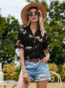 EMERY ROSE Leopard Print Lapel Neck Blouse Women Shirt