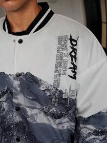 Manfinity Hypemode Men's Oversized Mountain & Slogan Print Striped Trim Padded Coat - White - View 6