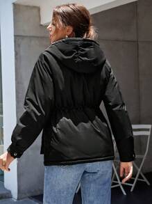 SHEIN LUNE 翻盖口袋 落肩 抽绳腰部 连帽 冬季服装 棉服 外套 - 黑色 - 查看 2