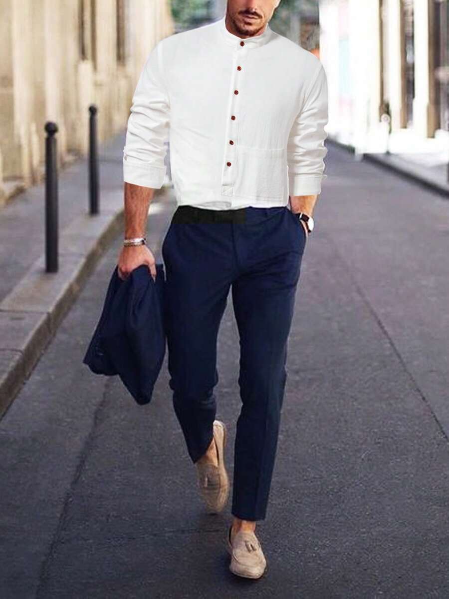 Manfinity Homme Men Button Front Solid Shirt - White - View 1