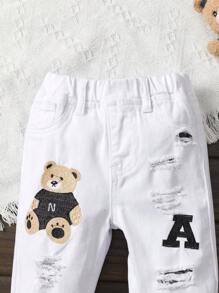 SHEIN Explorewe Baby Boy Bear Patched Ripped Jeans - White - View 6