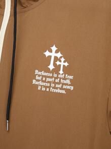ROMWE MEN Grunge Punk Hombres Cazadora con slogan & cruzado con estampado de hombros caídos con cordón con capucha - Café integral - Ver 6