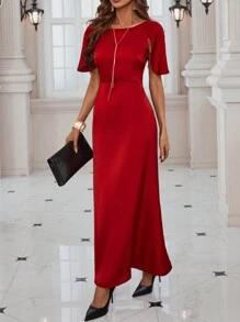 SHEIN Clasi 素色開衩袖洋裝 - 紅色 - 查看 3