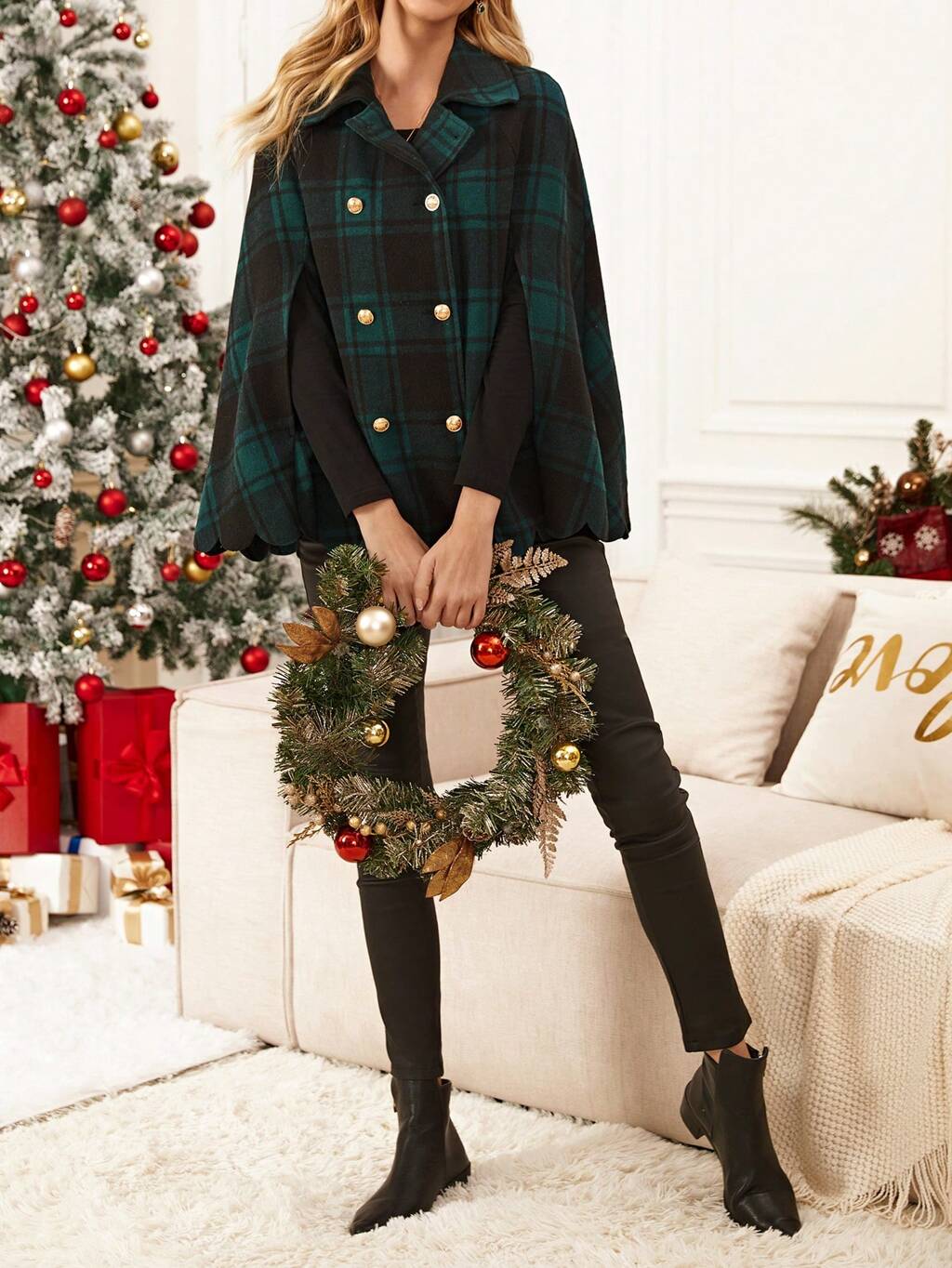 1pc Plaid Print Scallop Trim Double Breasted Cape Overcoat