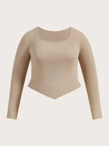 SHEIN BASICS Hơn Chất rắn Scoop Cổ Viền khăn tay Áo len Crop - Màu be - Xem 6