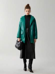 Anewsta 带盖口袋腰带 PU 皮革夹棉大衣