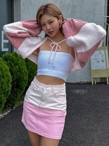 Dazy Designer 双色系带短款开衫，秋装 - 粉色 - 查看 3