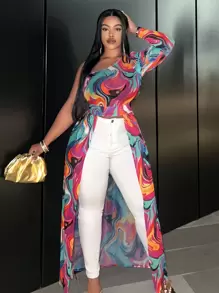 Slaydiva SLAYR PLUS - 优雅基本款 - 弹力针织网眼修身多色印花长肩女式大码上衣 - 彩色 - 查看 1