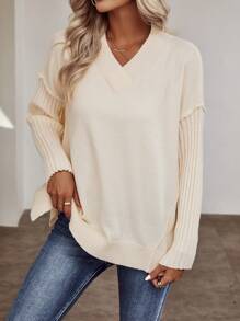 SHEIN Unity Suéter de punto con hombros caídos y bajo con abertura para otoño e invierno - Albaricoque - Ver 6