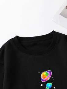 SHEIN EZwear 星球印花保暖内衬套头卫衣 秋季卫衣 - 黑色 - 查看 3