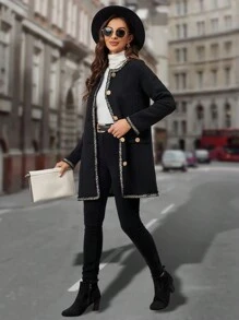 EMERY ROSE Viền tương phản Nút phía trước Tweed Áo khoác - màu đen - Xem 3