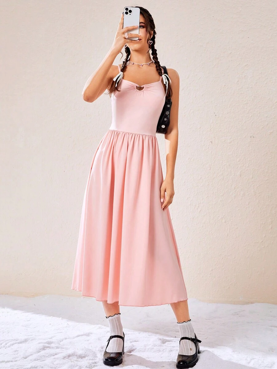 SHEIN EZwear 素色戒指連接吊帶洋裝 - 粉色 - 查看 1