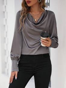 SHEIN Clasi cổ áo xếp nếp Xa ten Áo sơ mi - Xám - Xem 3