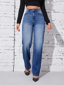 SHEIN Privé Zipper Fly Straight Leg Jeans - Light Wash - View 4