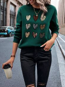 INAWLY 愛心圖案加絨內裏運動衫 - 墨綠色 - 查看 1