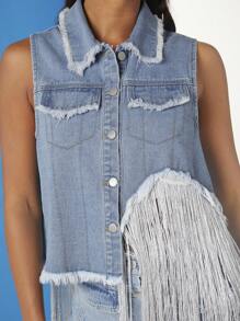 Denimoi Asymmetric Fringe Frayed Denim Vest - Blue - View 5