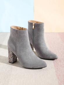 Timesize Women's Simple And Fashionable Chunky Heel Short Boot With Random Glitter Color - Grey - View 6