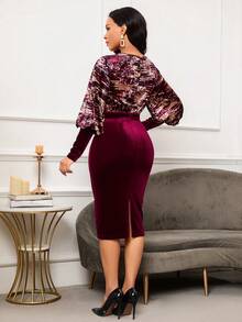 SHEIN Lady Khối màu Tay áo lồng đèn Nhung Váy bodycon - Nhiều màu - Xem 2