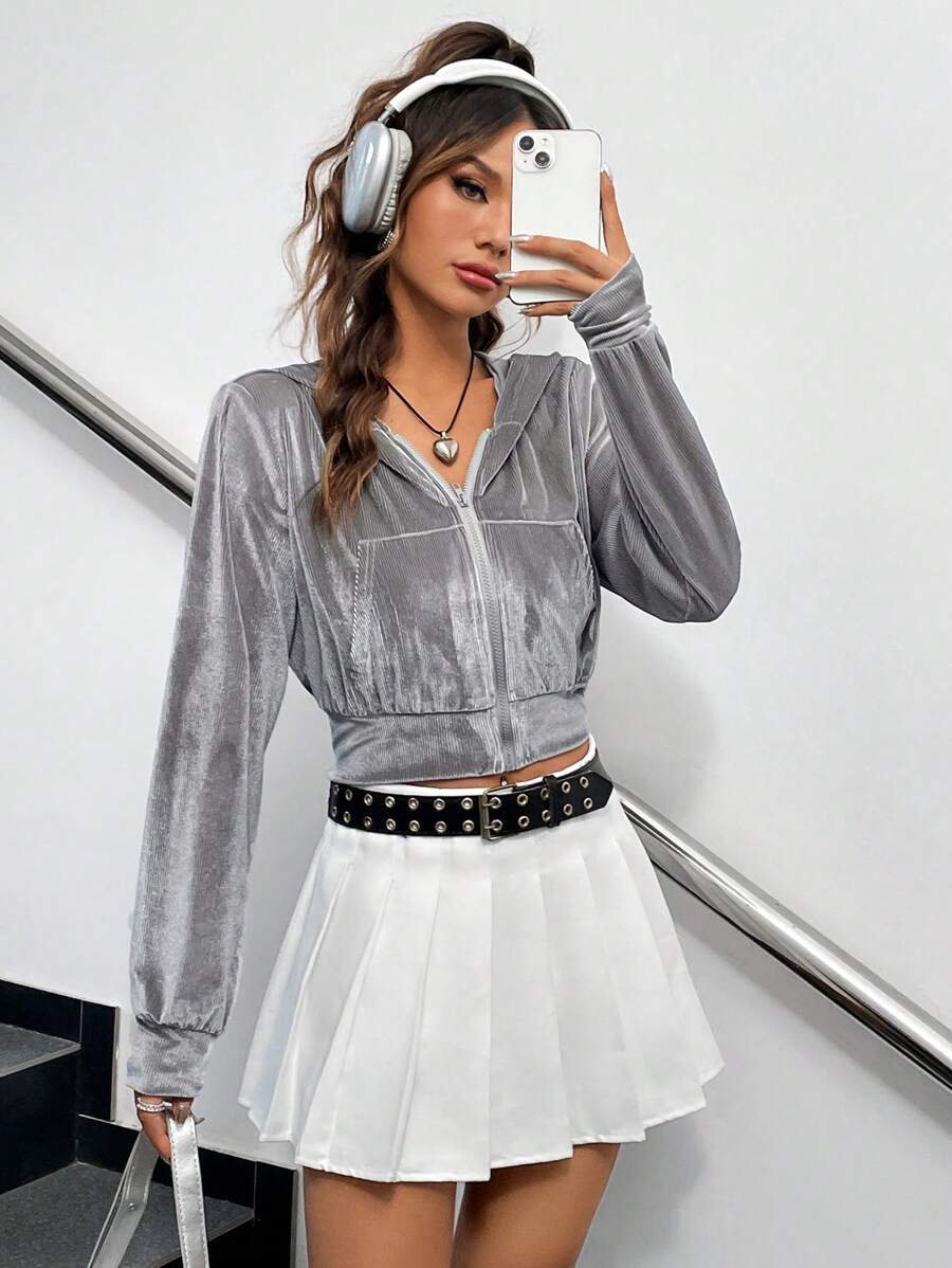 SHEIN Unity 女士休闲日常通勤时尚街头灯芯绒拉链连帽短款夹克，秋季 - 銀色 - 查看 1