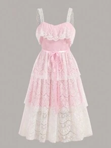 Sweetness 对比色蕾丝荷叶边吊带连衣裙 - 粉色 - 查看 2