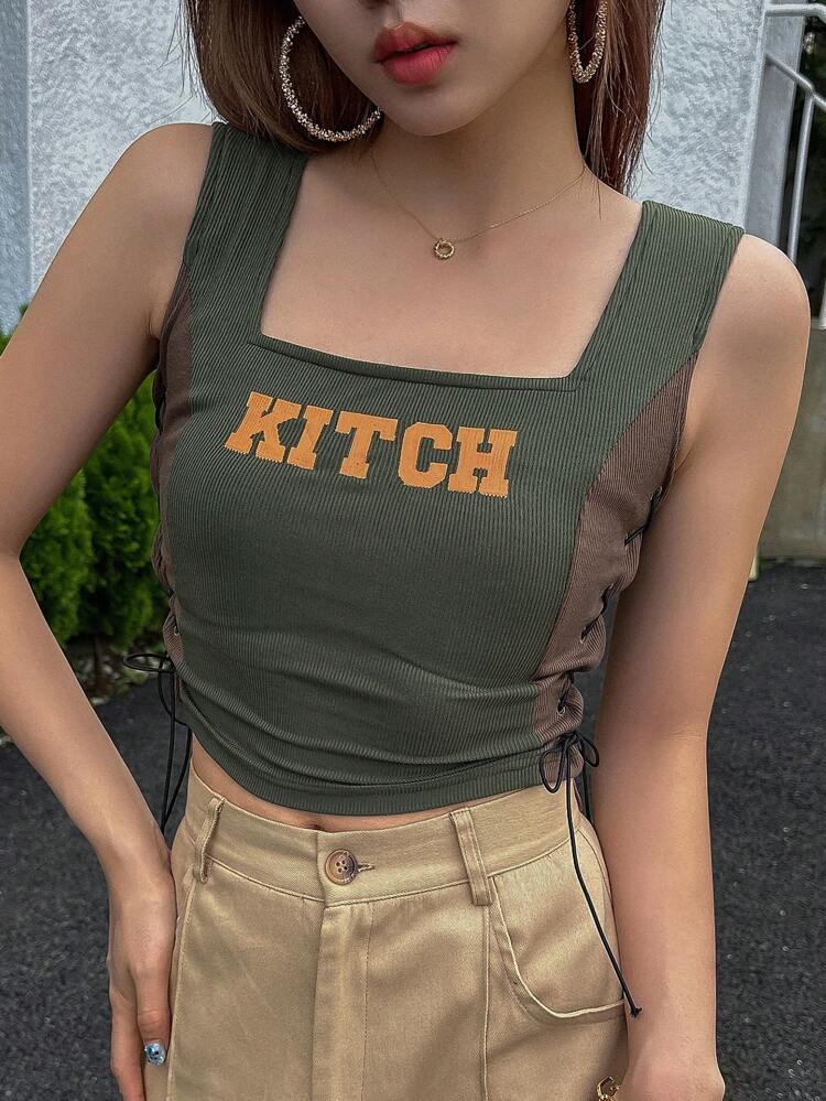 Letter Graphic Lace Up Side Crop Tank Top