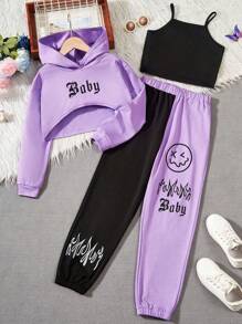 SHEIN Tween Girl Solid Cami Top & Sweatpants & Hoodie