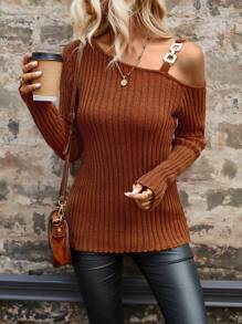 SHEIN LUNE Chain Detail Asymmetrical Neck Ribbed Knit Pullover Fall Winter Sweater - Brown - View 5