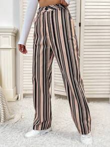SHEIN Unity Striped Print Straight Leg Pants Fall Cloth For Women - Brown - View 5