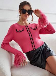 SHEIN Privé Cárdigan de peluche puño ribete en contraste con botón delantero - Rosa Fucsia - Ver 6
