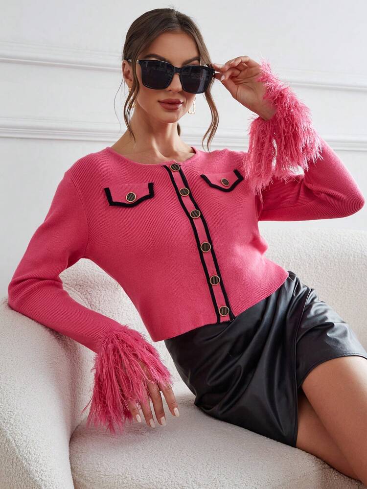Fuzzy Cuff Contrast Piping Button Front Cardigan